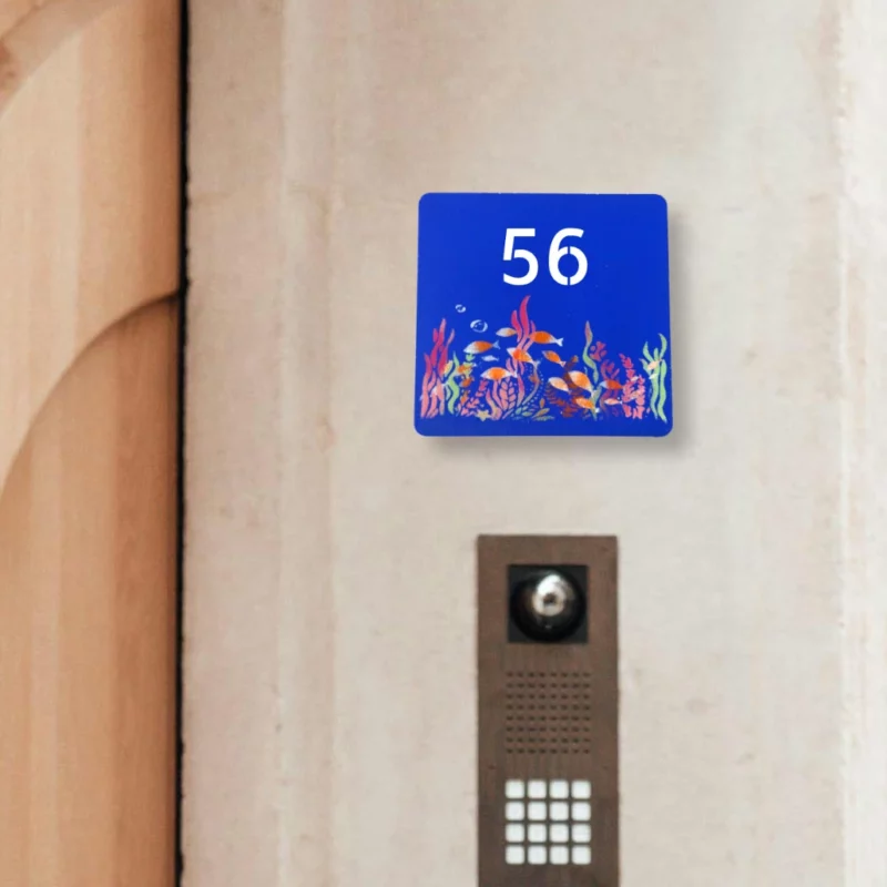 Enseigne de porte d'entrée - modèle bleu avec des poissons